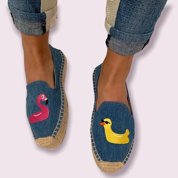 Mary Matson × Soludos Denim Embroidered Flamingo Duck Espadrilles Size 8 - Picture 10 of 10